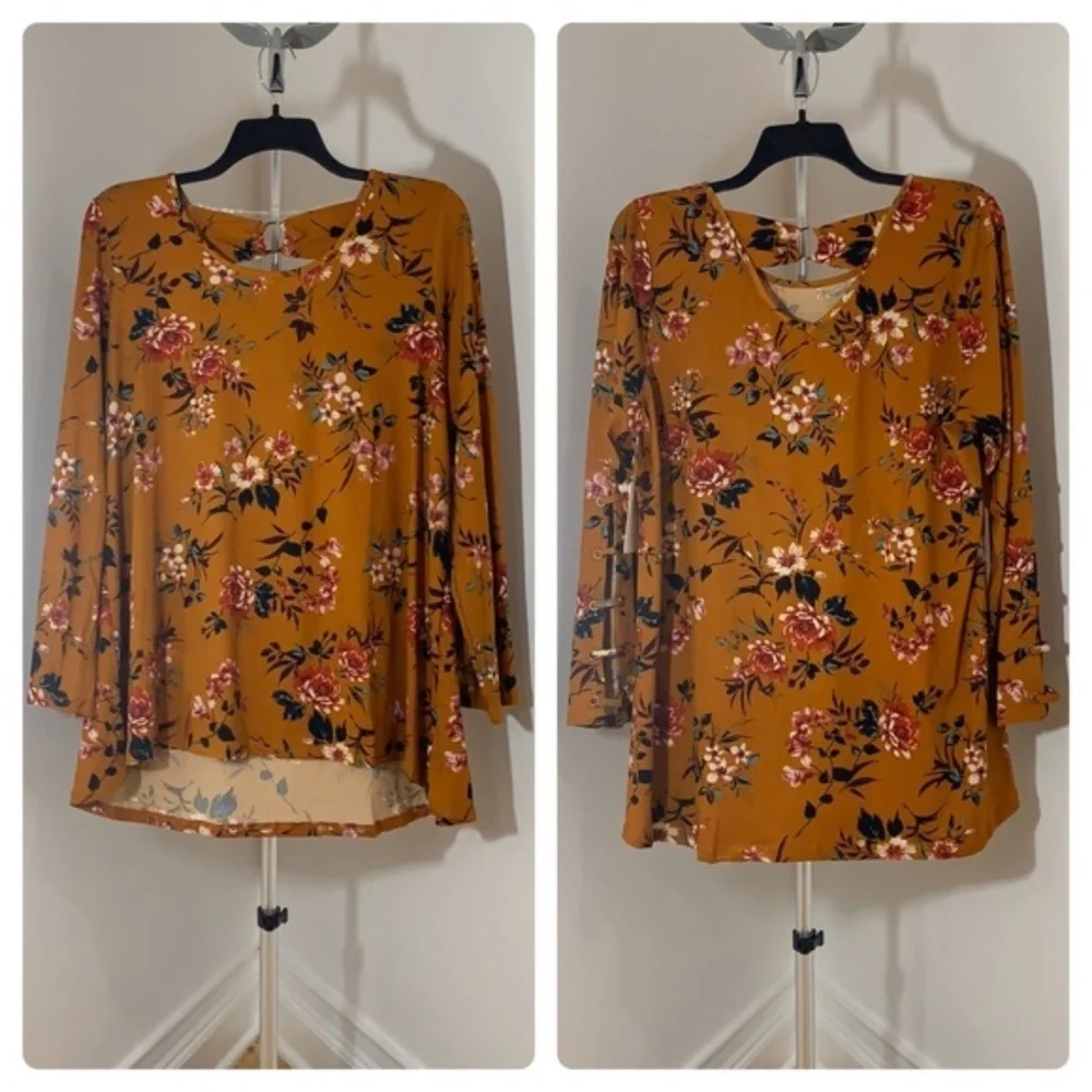 LAST TWO! Plus Size Floral Tie Sleeve Keyhole Top - Picture 1 of 11